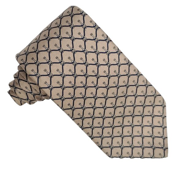 Yves Saint Laurent YSL 100% Silk Tie Equestrian Horse Bit Taupe Brown Navy Blue - Picture 1 of 6